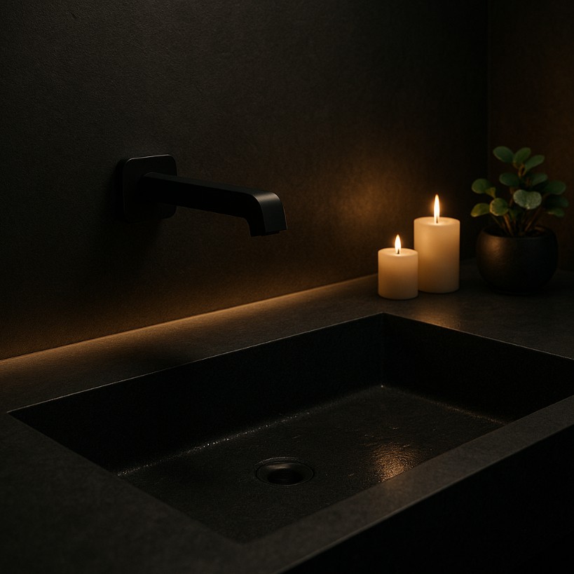 Commercial lavatory sink installation with coordinated fixtures